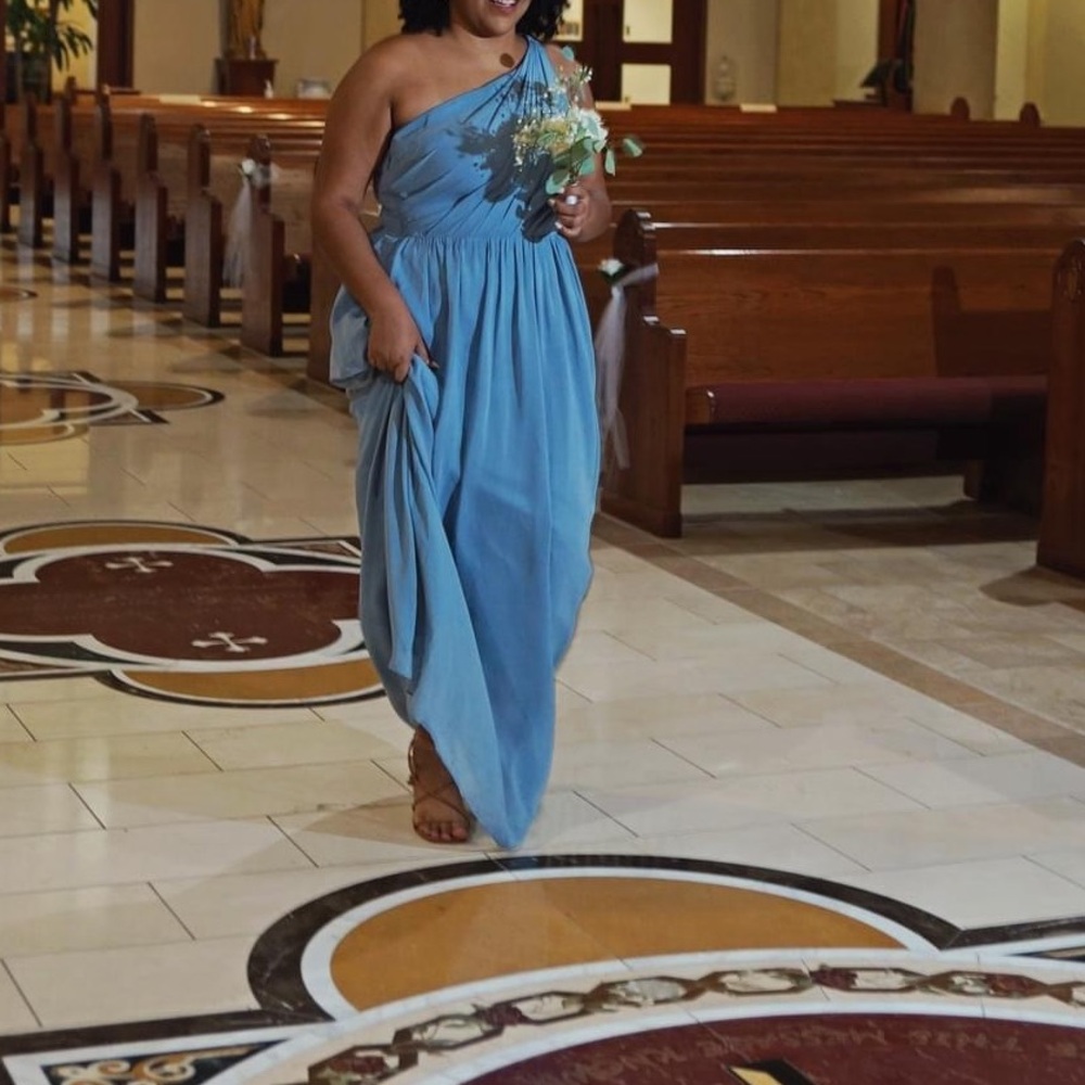 Dusty blue asymmetrical bridesmaids dress
